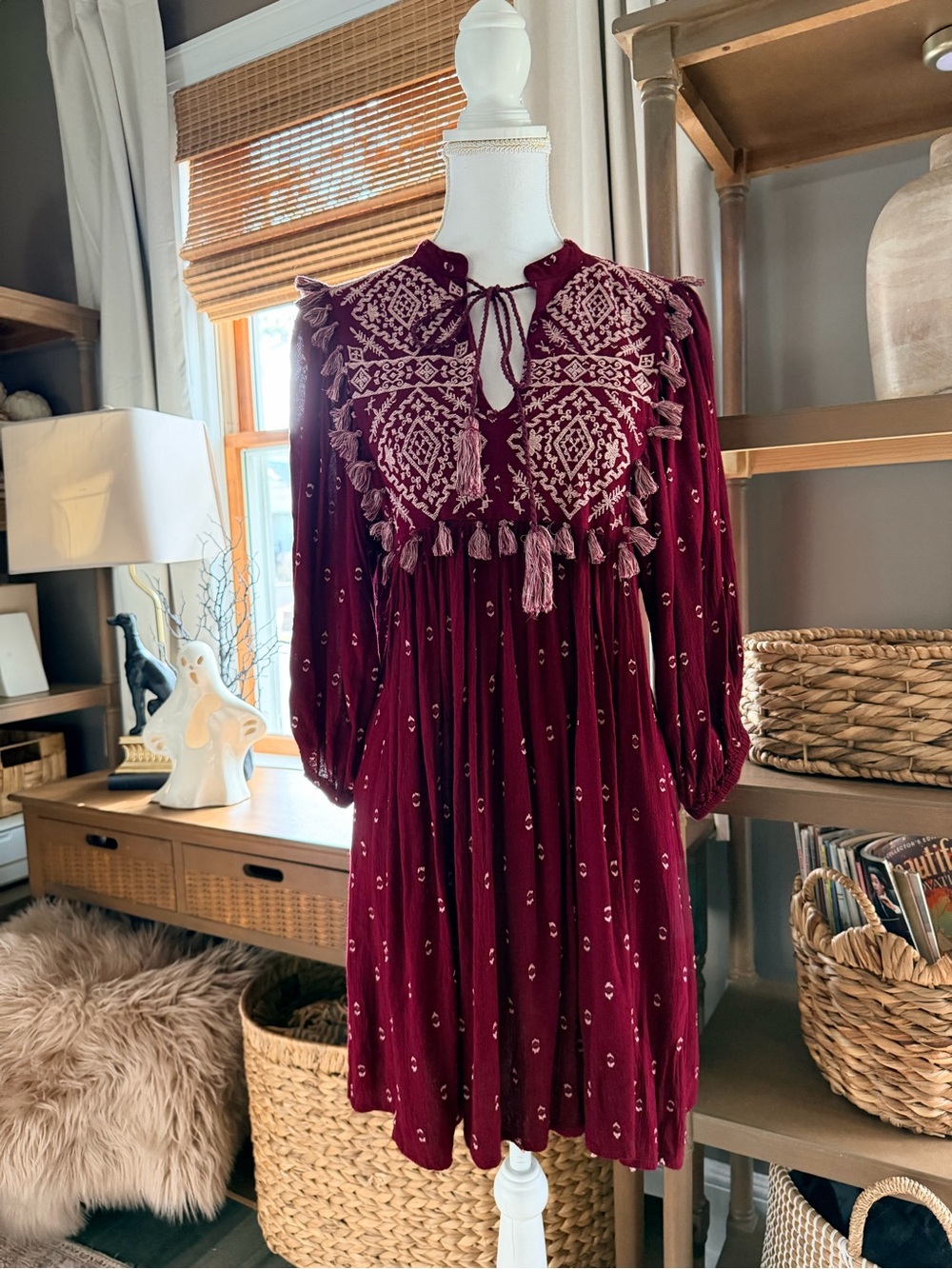 Zara Burgundy Boho Embroidered Tassel Dress | Embroidered Mini Dress | Long Slee